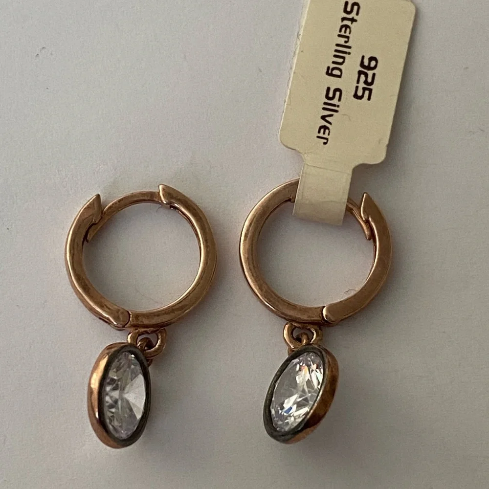 925 Silver round cz stone hoops earrings 14k rose gold plated